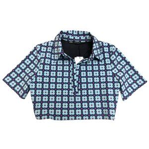 Zara Women's Size M Geometric Pring Blue Purple Polo Crop Top Short Sleeve NWT